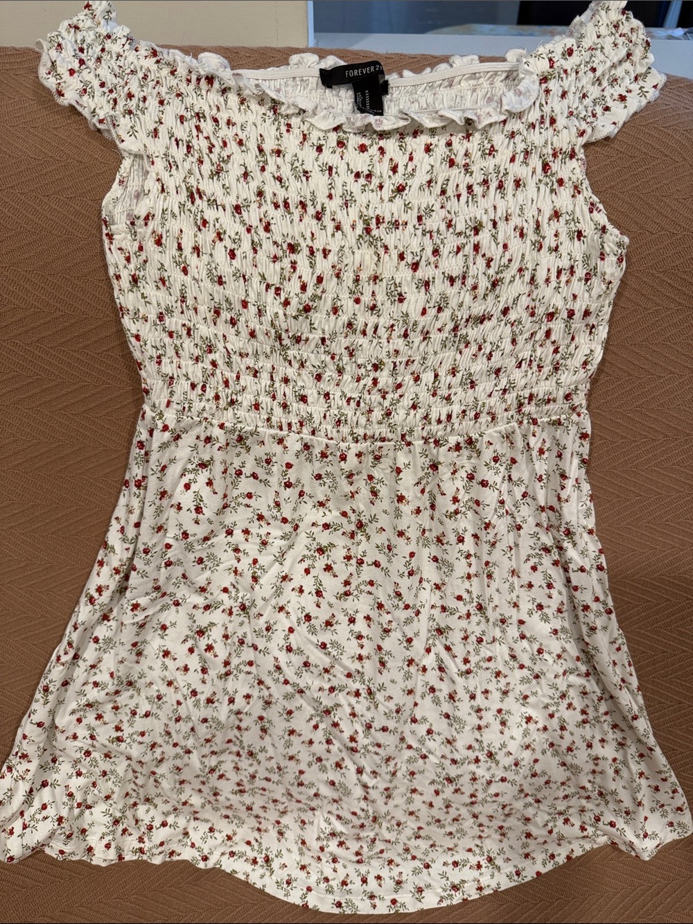 Forever 21 White Floral Smocked dress  with Red Roses M